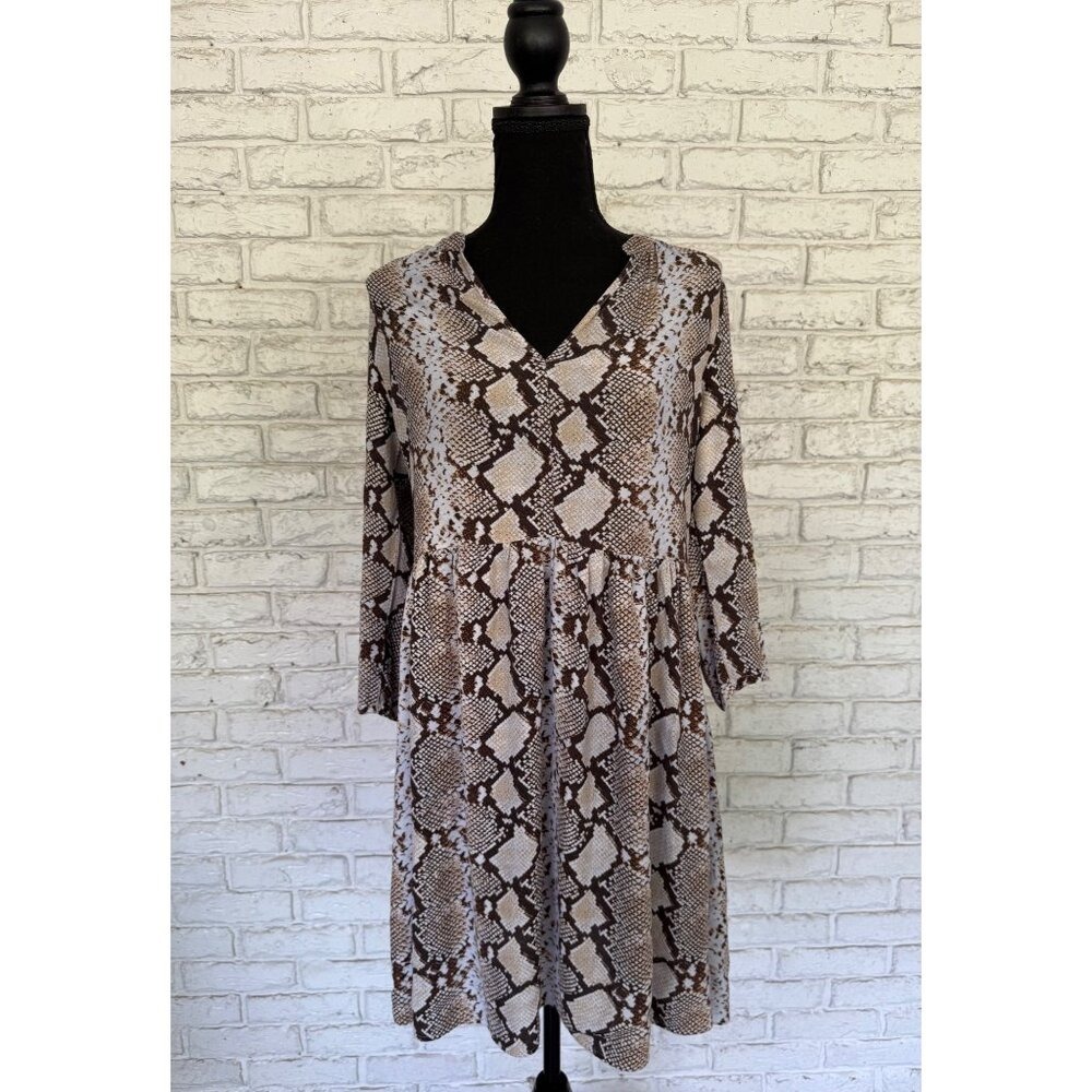 Maeve Anthropologie Juno Snake Print Dress 3/4 Sleeve Blue Brown Women's Sz S